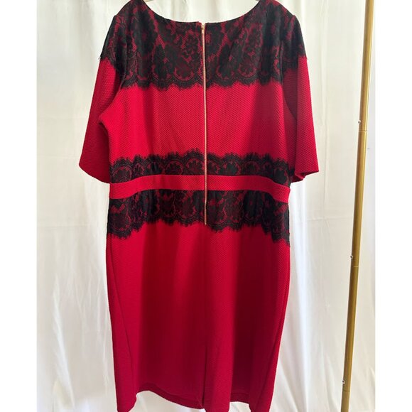 Danny and Nicole Women's Plus 24W Red Dress with Lace Overlay at Neck and Waist - Picture 2 of 8